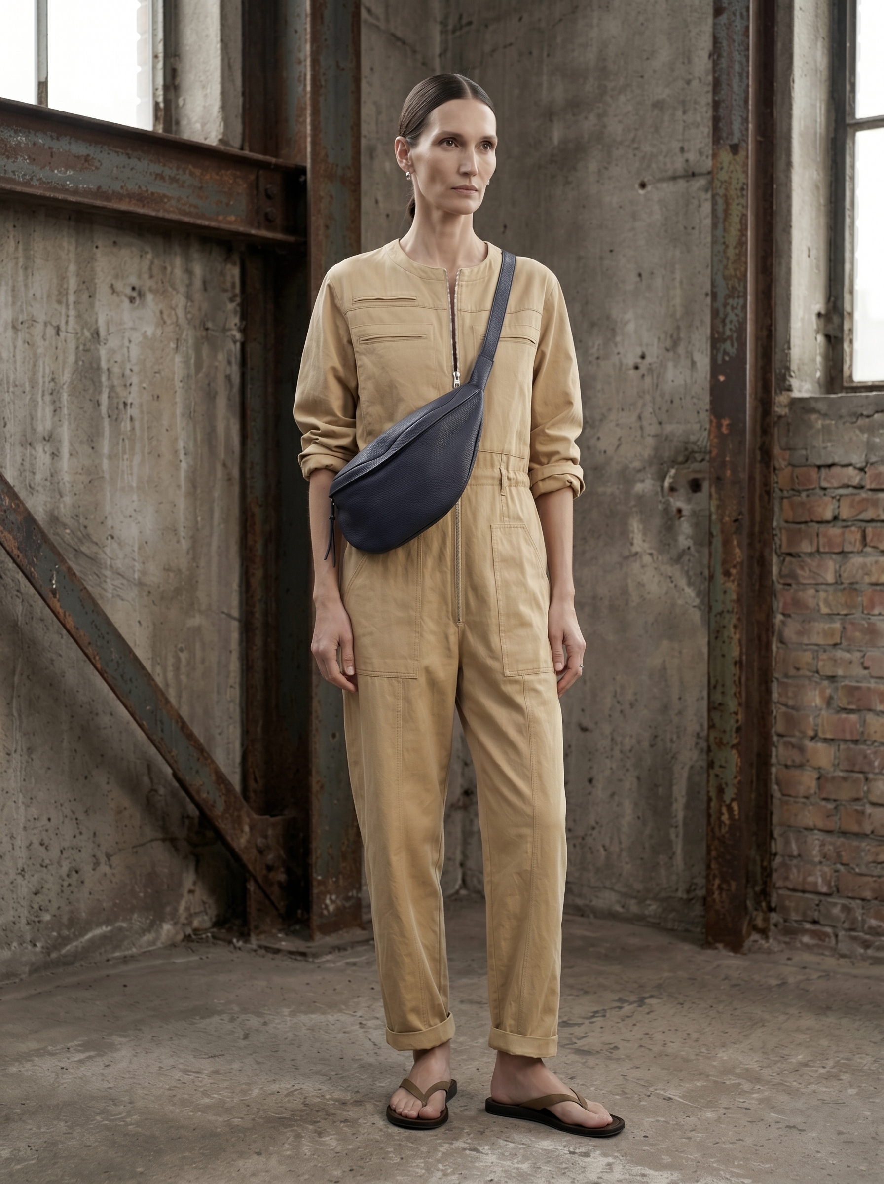 Model 3 / HAILY CAMEL + BRUNOO STEEL + FLIP FLOPS / Campaign / Industrial full body variant 1